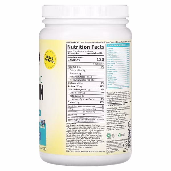 Garden of Life, RAW Organic Protein, Plant-Based, Unflavored, 19.75 oz (560 g) - Image 2
